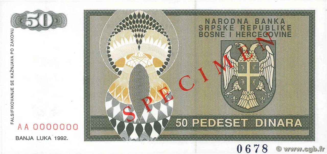 50 Dinara Spécimen BOSNIEN-HERZEGOWINA  1992 P.134s ST