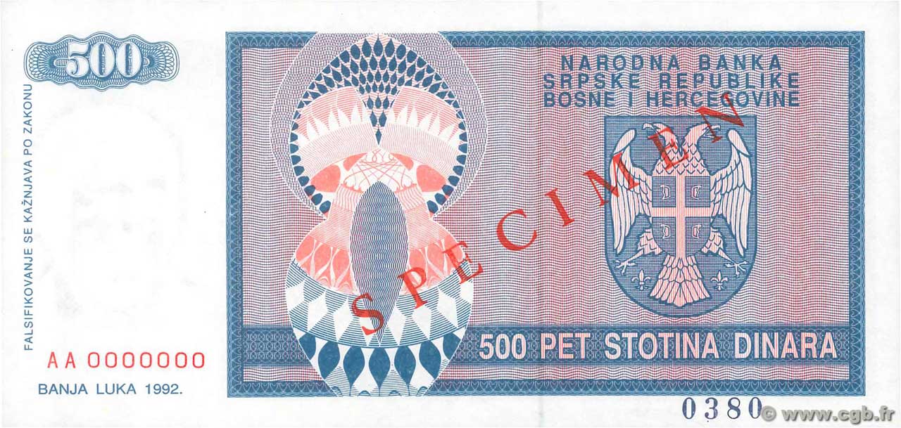 500 Dinara Spécimen BOSNIA-HERZEGOVINA  1992 P.136s FDC