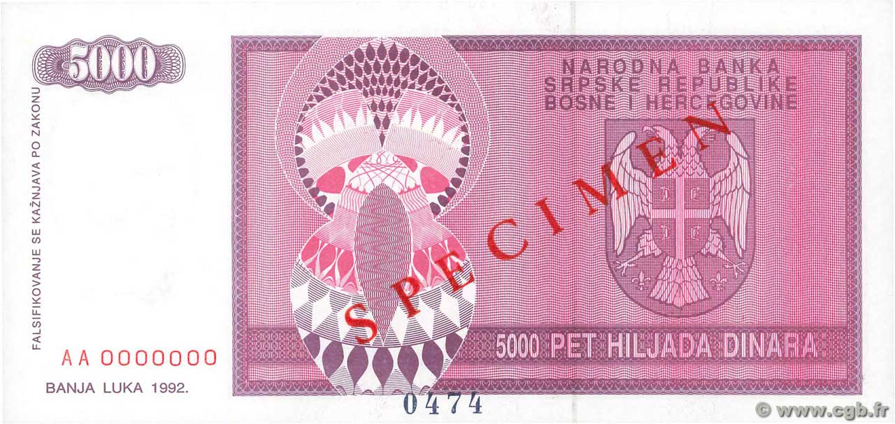5000 Dinara Spécimen BOSNIE HERZÉGOVINE  1992 P.138s NEUF