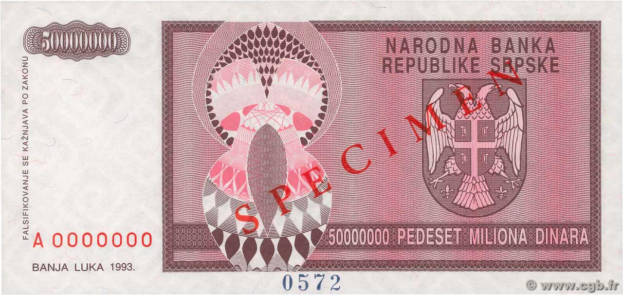 50000000 Dinara Spécimen BOSNIA E ERZEGOVINA  1993 P.145s FDC