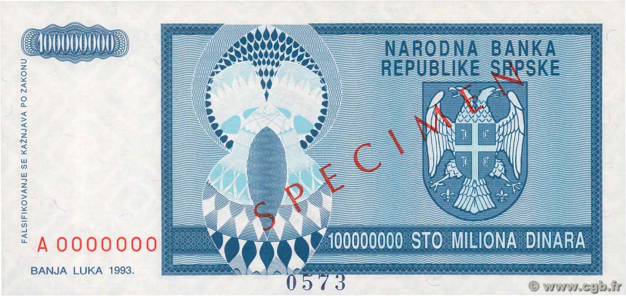 100000000 Dinara Spécimen BOSNIE HERZÉGOVINE  1993 P.146s NEUF