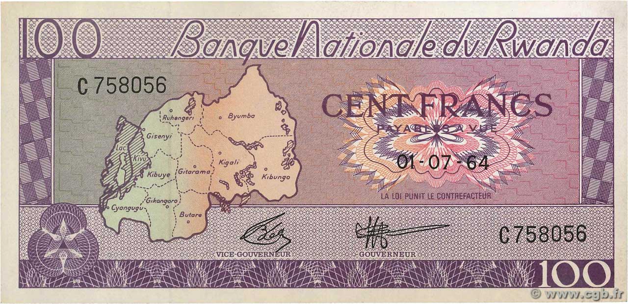 100 Francs RWANDA  1964 P.08a pr.NEUF