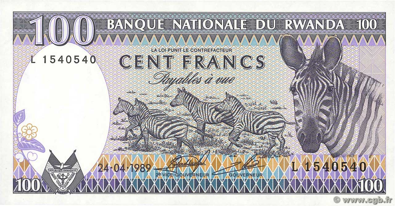 100 Francs RWANDA  1989 P.19a UNC