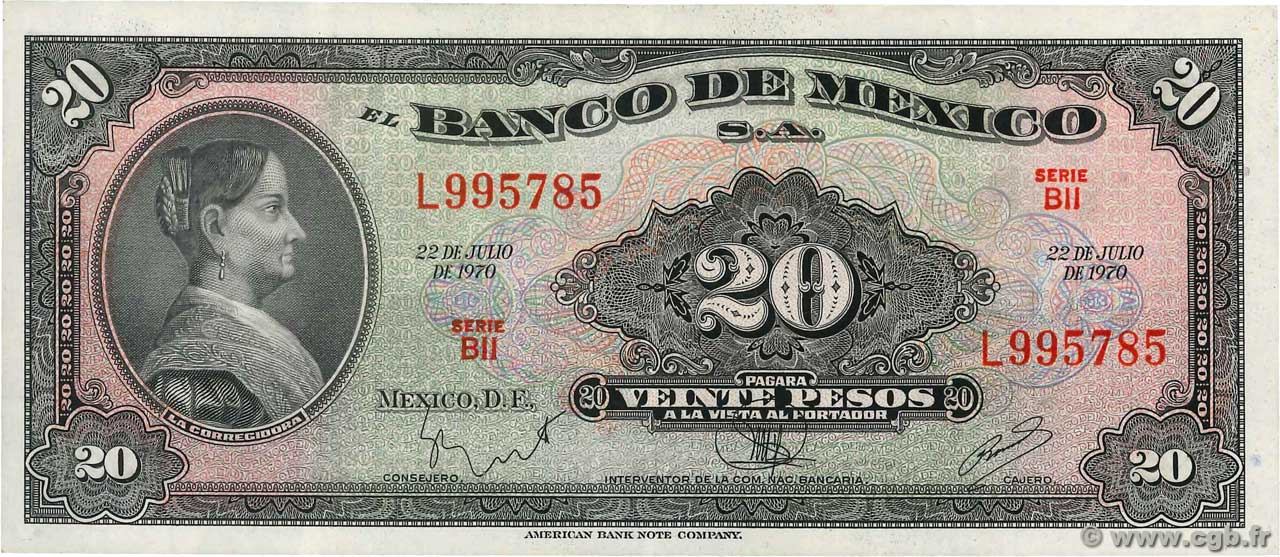 20 Pesos MEXICO  1970 P.054p XF