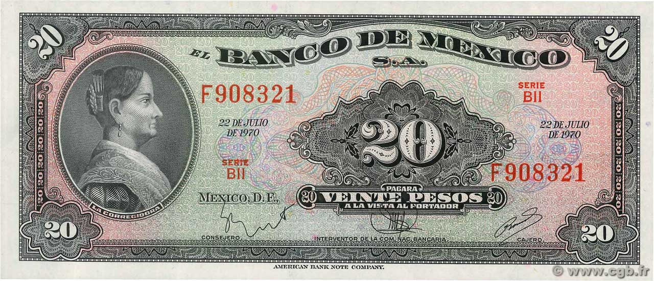 20 Pesos MEXICO  1970 P.054p ST
