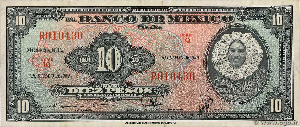 10 Pesos MEXICO  1959 P.058g MBC