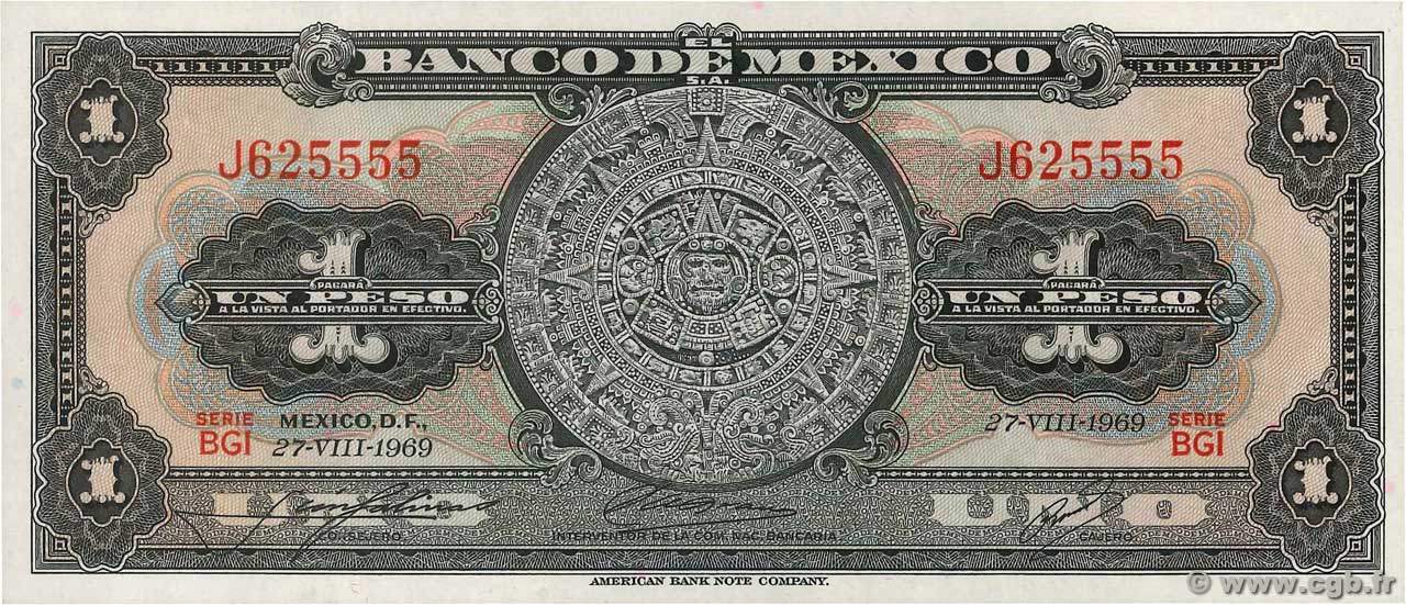 1969 Mexico 1 Peso Banknote – Uncirculated – Aztec Calendar – Series BGB Prefix L