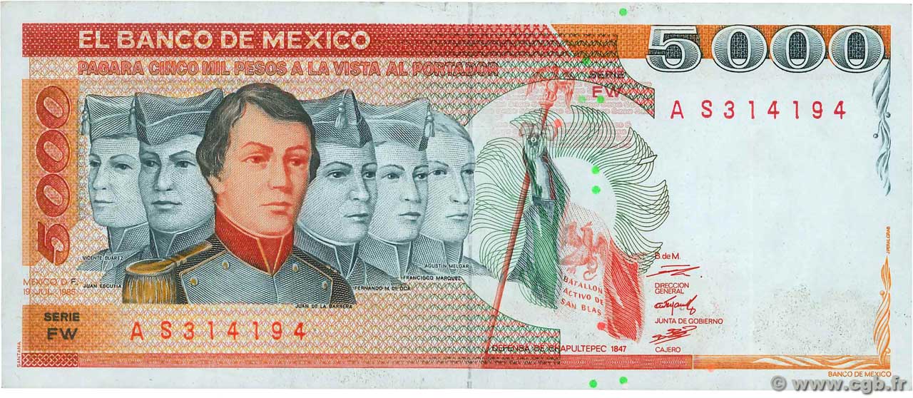 5000 Pesos MEXICO  1985 P.087a XF