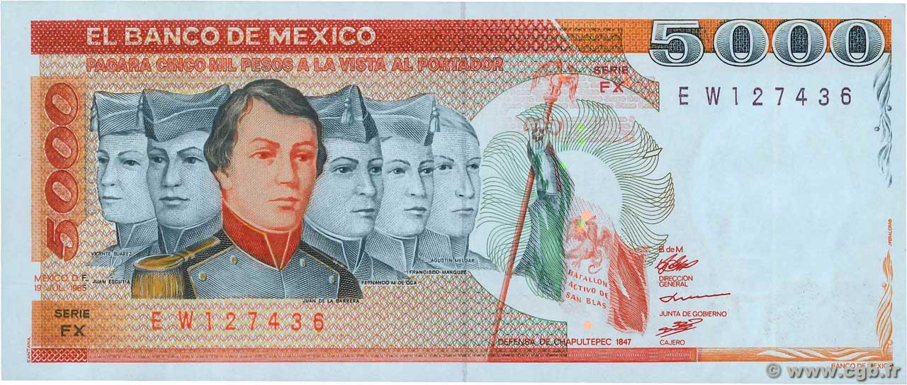 5000 Pesos MEXICO  1985 P.087a ST