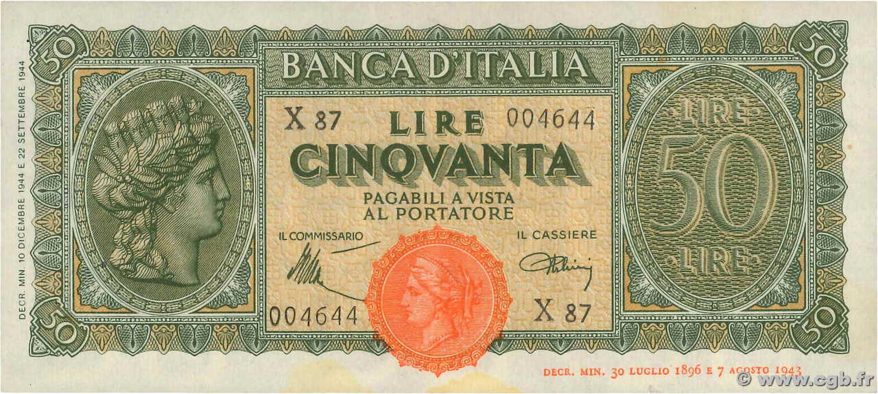 50 Lire ITALY  1944 P.074 VF