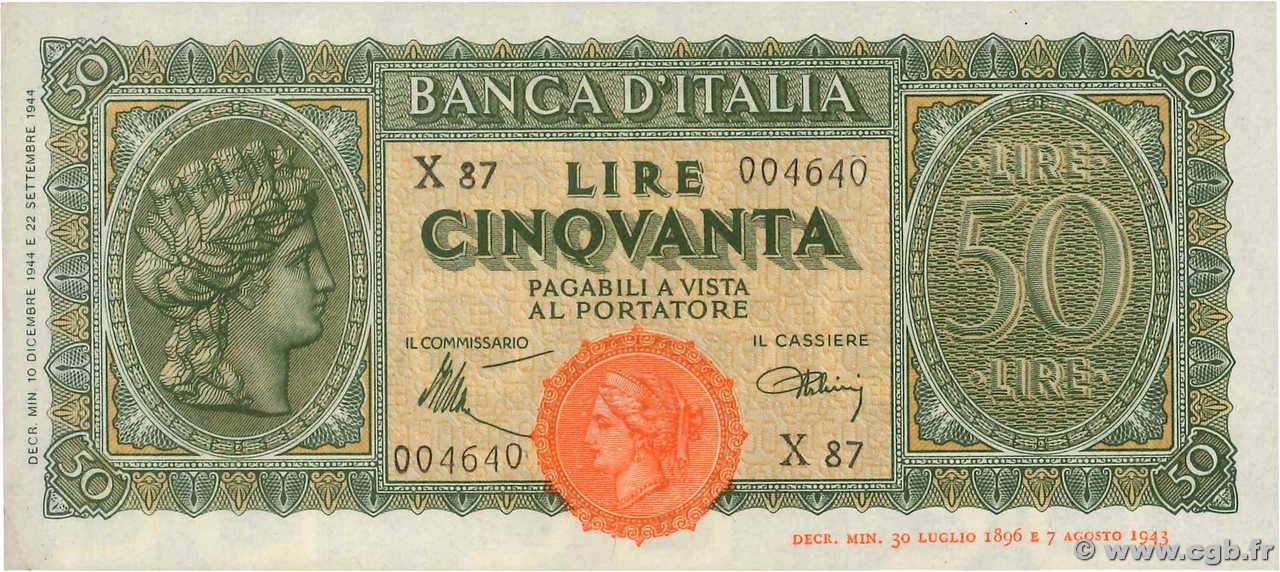 50 Lire ITALIE  1944 P.074 SPL