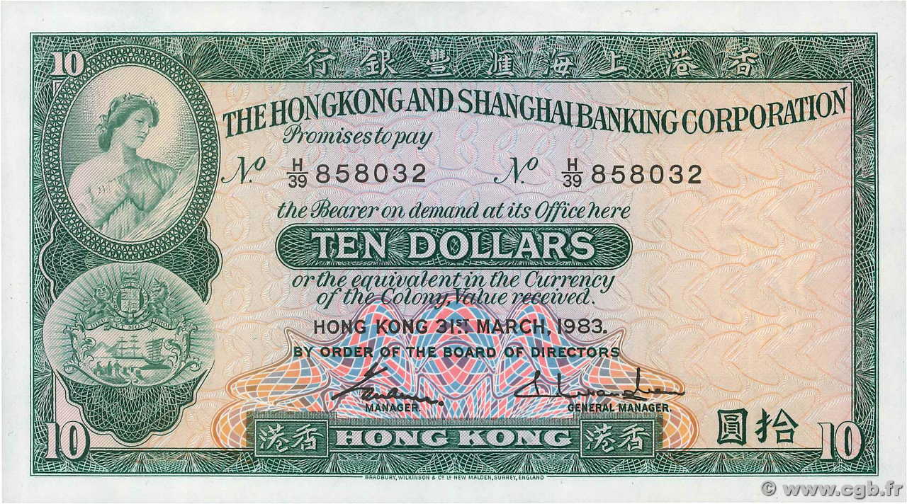 10 Dollars HONGKONG  1983 P.182j fST
