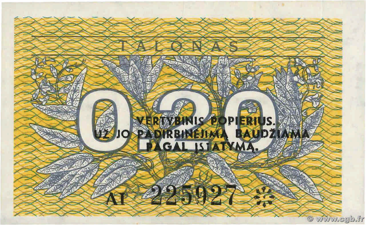 0,20 Talonas LITHUANIA  1991 P.30 UNC