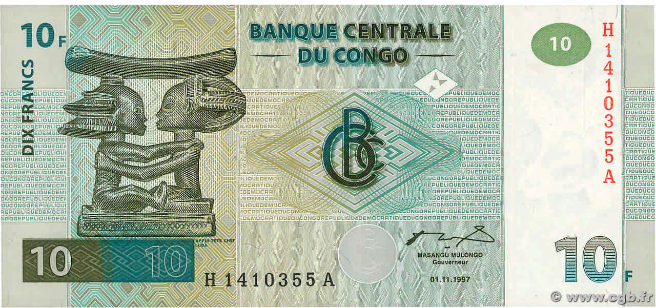 10 Francs 1997 P 87B UNC Lemberg-Zp Congo DR 