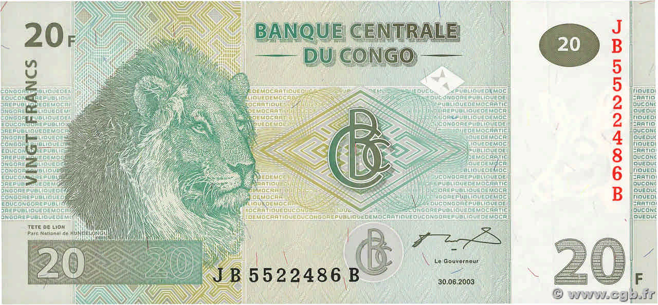 20 Francs  CONGO REPUBLIC  2003 P.094A UNC