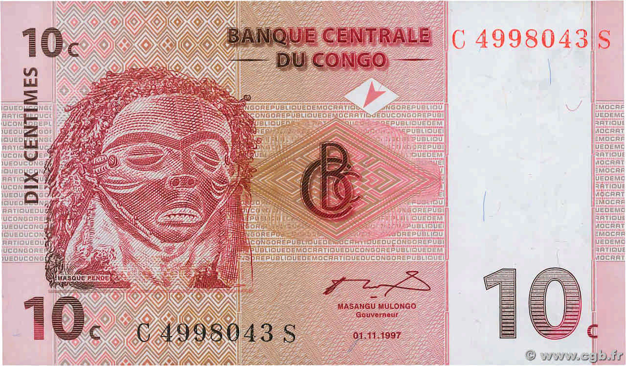 10 Centimes CONGO, DEMOCRATIC REPUBLIC  1997 P.082a UNC