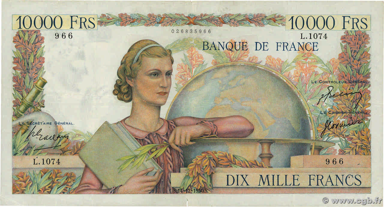 10000 Francs GÉNIE FRANÇAIS FRANCE  1950 F.50.45 F+