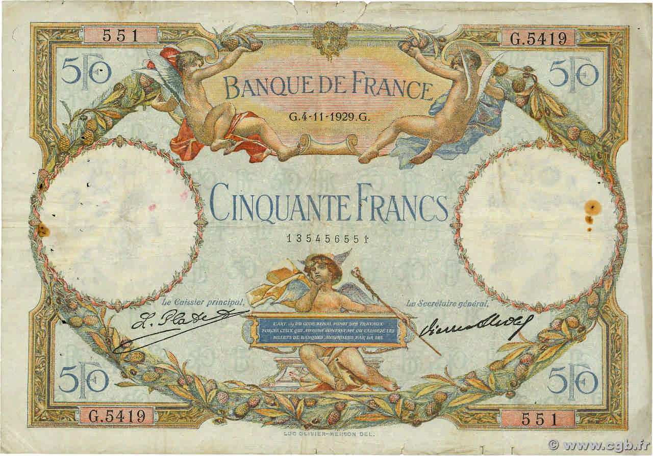 50 Francs LUC OLIVIER MERSON FRANCIA  1929 F.15.03 B