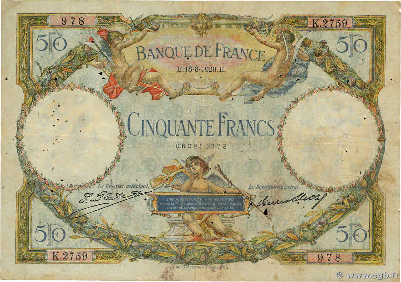 50 Francs LUC OLIVIER MERSON FRANCIA  1928 F.15.02 q.B