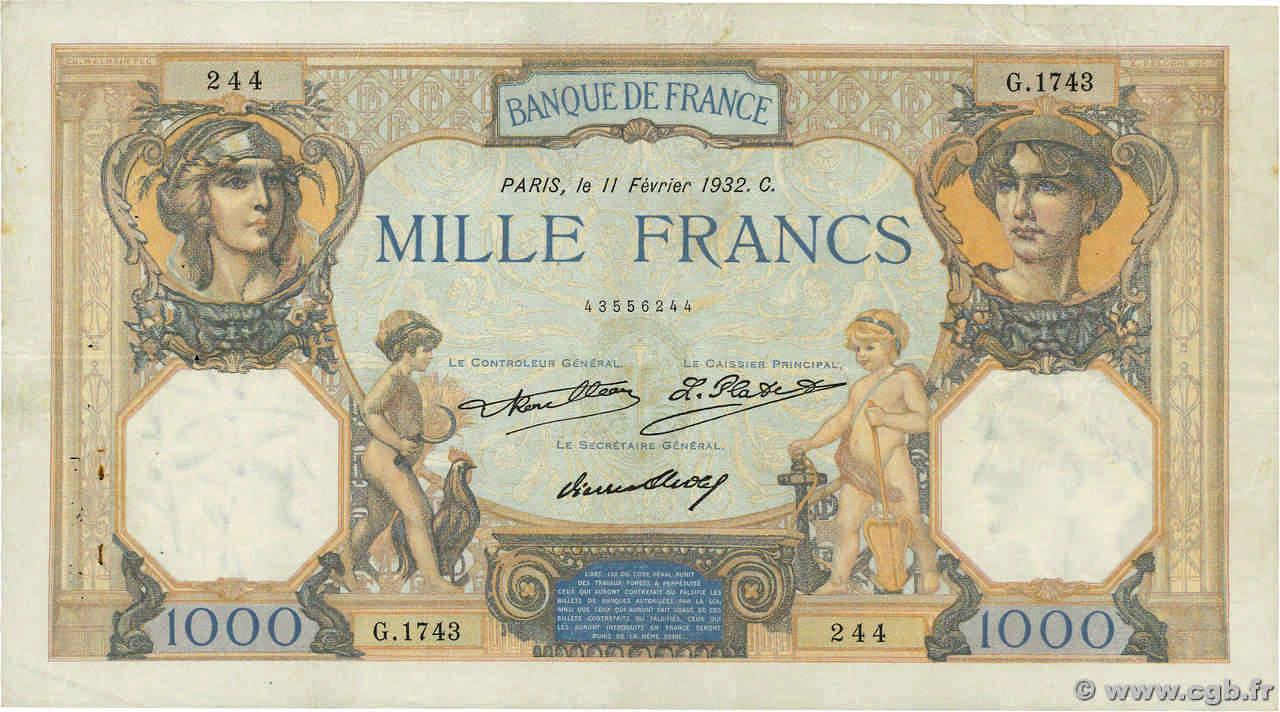 1000 Francs CÉRÈS ET MERCURE FRANCE  1932 F.37.07 TB+