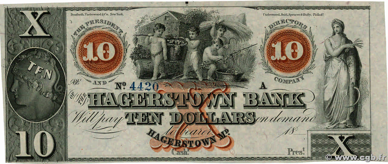10 Dollars Non émis ÉTATS-UNIS D&nbsp;AMÉRIQUE Hagerstown 1850  pr.NEUF