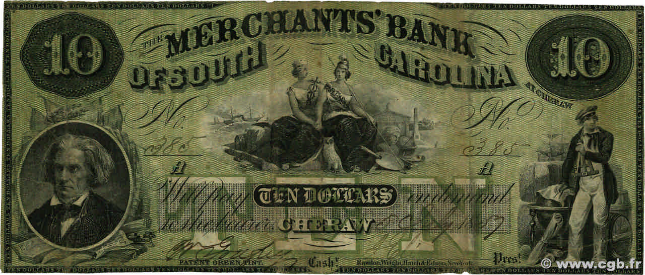 10 Dollars STATI UNITI D AMERICA Cheraw 1857  q.BB