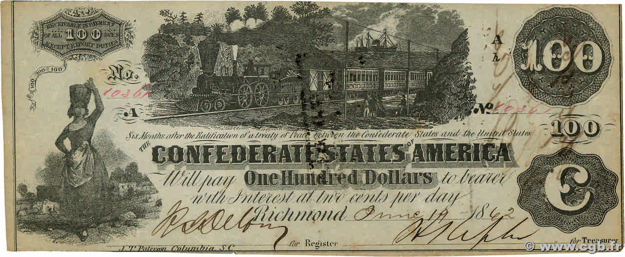 100 Dollars ÉTATS CONFÉDÉRÉS D AMÉRIQUE Richmond 1862 P.43b SPL