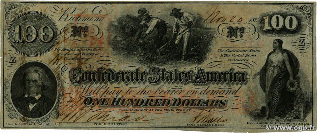 100 Dollars CONFEDERATE STATES OF AMERICA Richmond 1862 P.45 XF