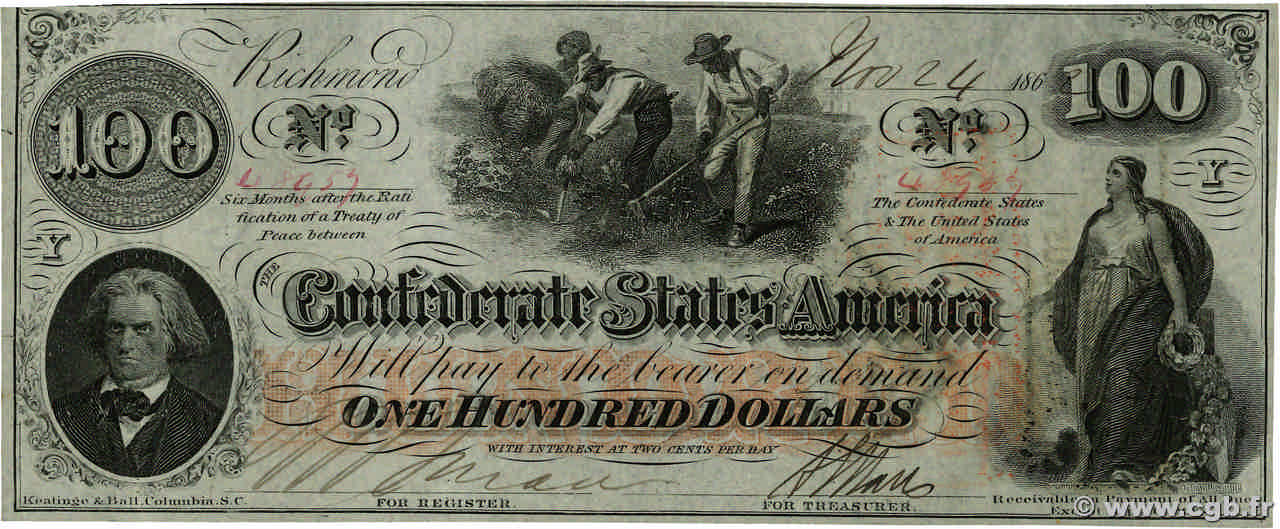100 Dollars ÉTATS CONFÉDÉRÉS D AMÉRIQUE Richmond 1862 P.45 SPL