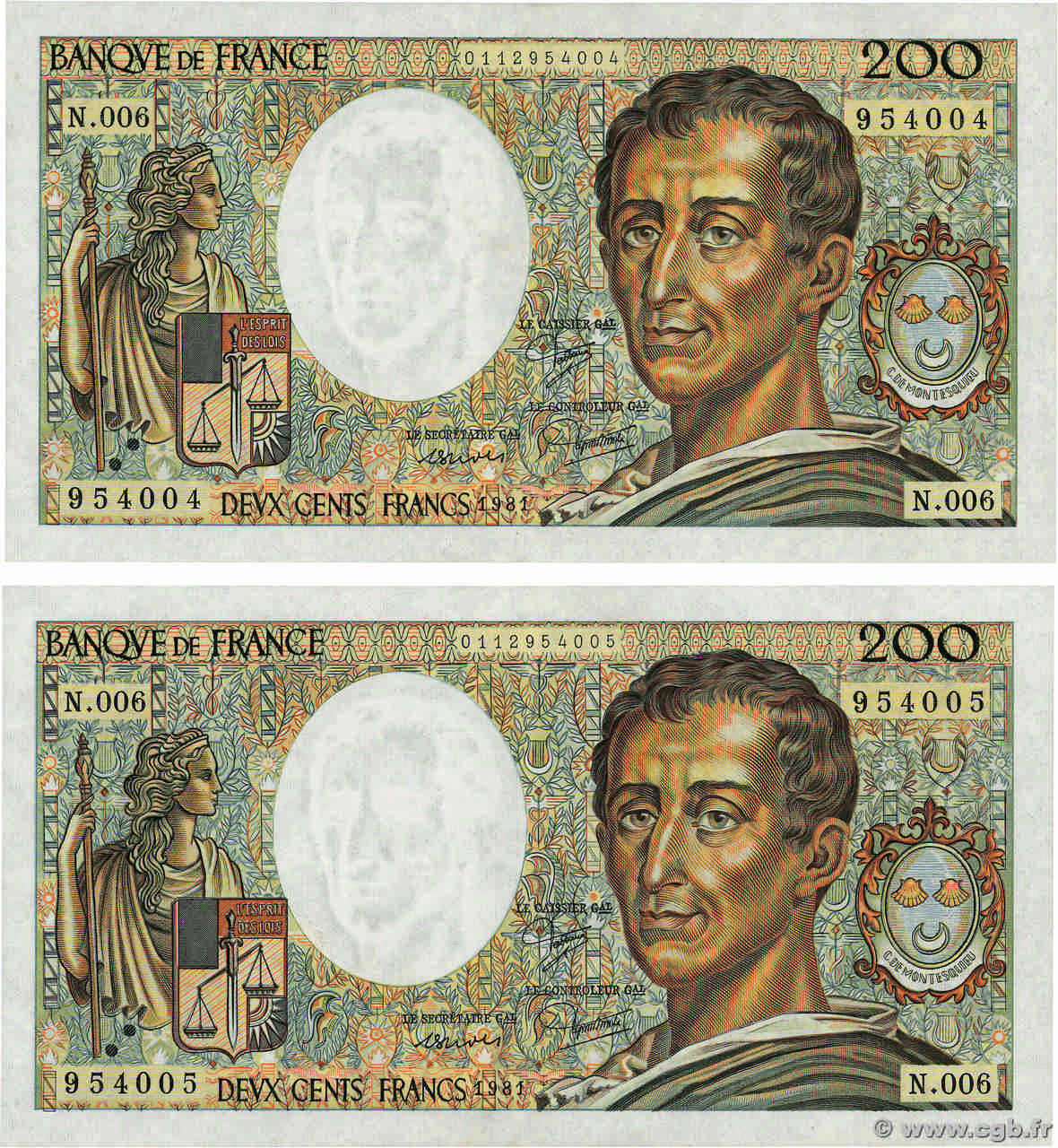 200 Francs MONTESQUIEU Consécutifs FRANCIA  1981 F.70.01 q.SPL