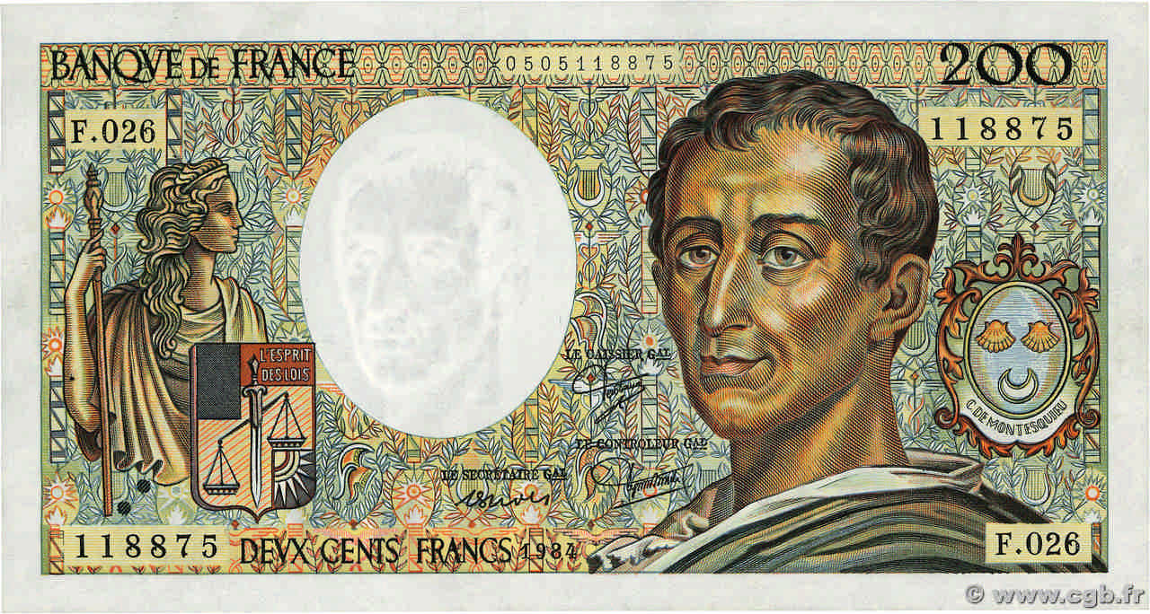200 Francs MONTESQUIEU FRANCE  1984 F.70.04 TB+