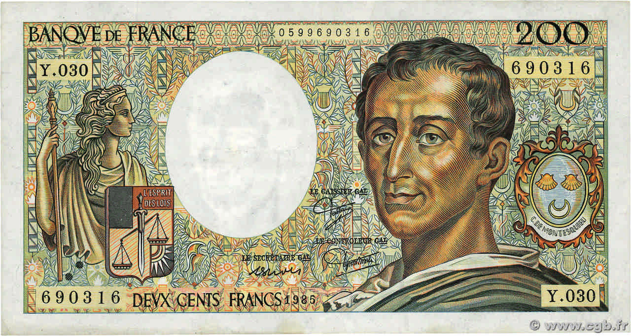 200 Francs MONTESQUIEU FRANCIA  1985 F.70.05 q.BB