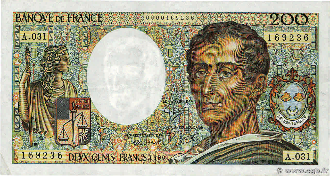200 Francs MONTESQUIEU FRANCE  1985 F.70.05 VF-