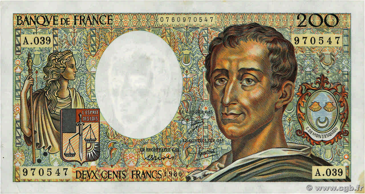 200 Francs MONTESQUIEU FRANCE  1986 F.70.06 F+