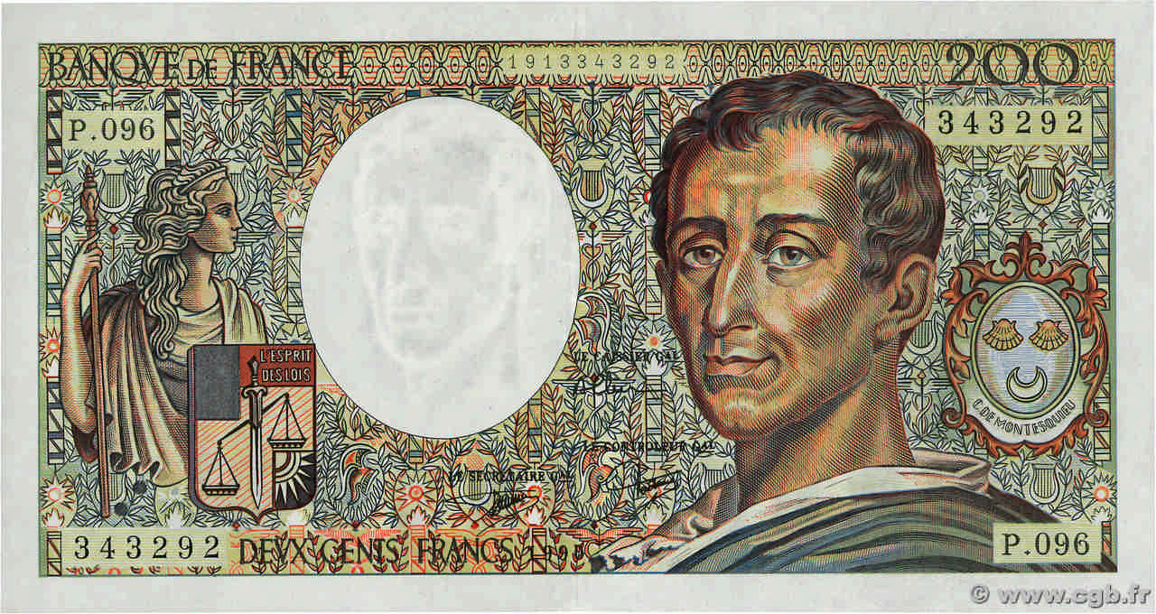 200 Francs MONTESQUIEU FRANKREICH  1990 F.70.10b fVZ