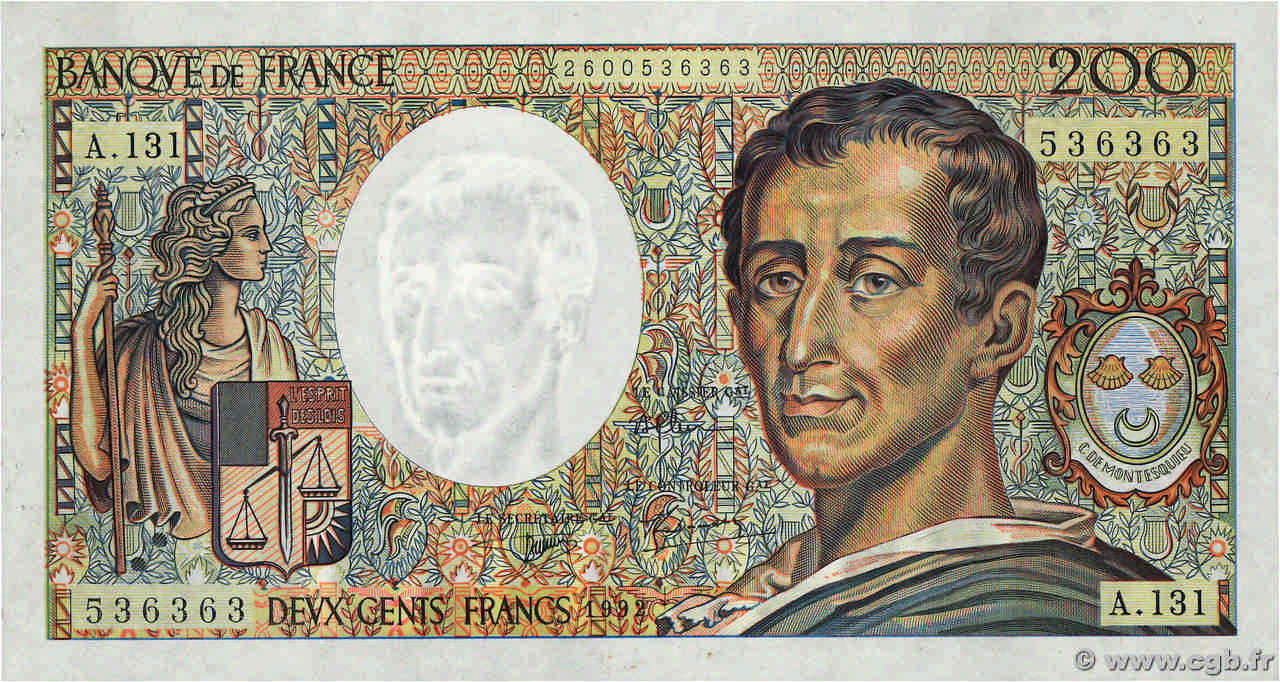 200 Francs MONTESQUIEU FRANCE  1992 F.70.12c SPL