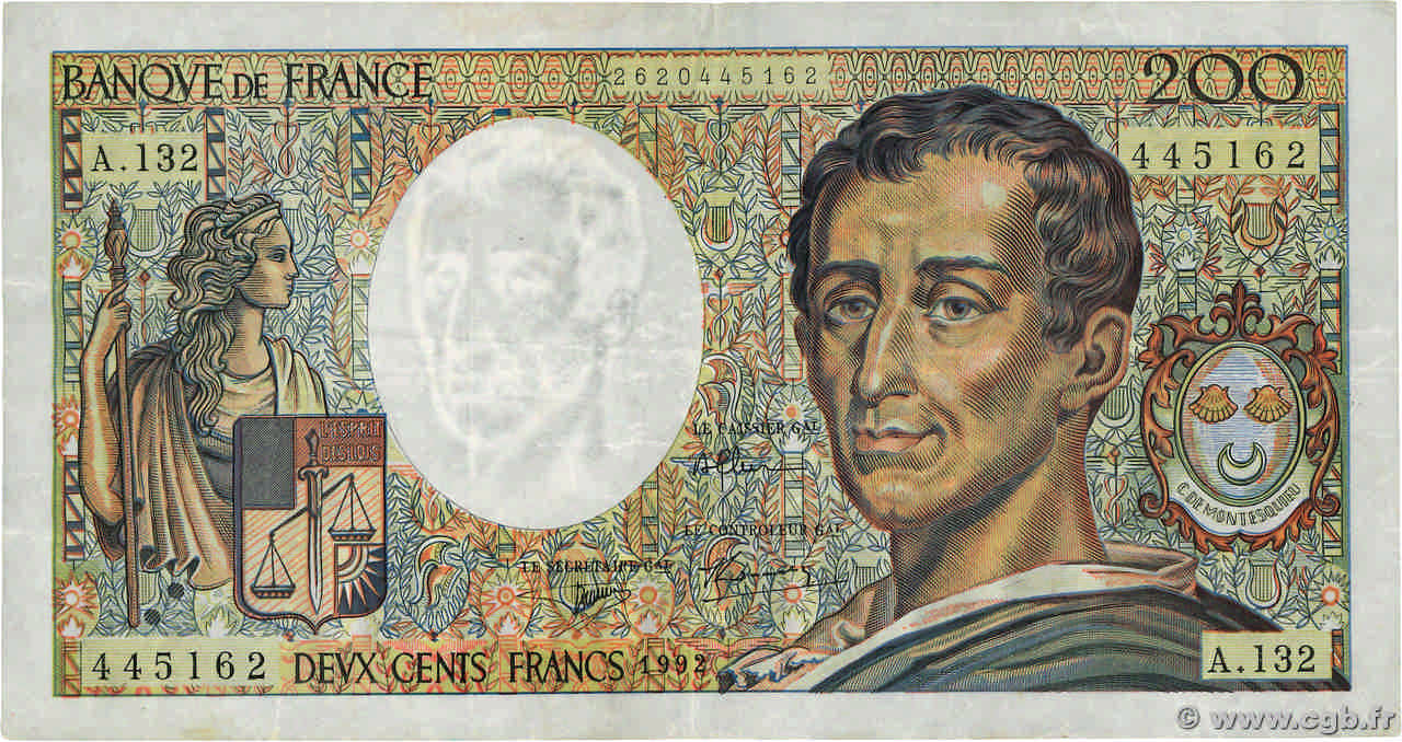200 Francs MONTESQUIEU FRANCE  1992 F.70.12c TB