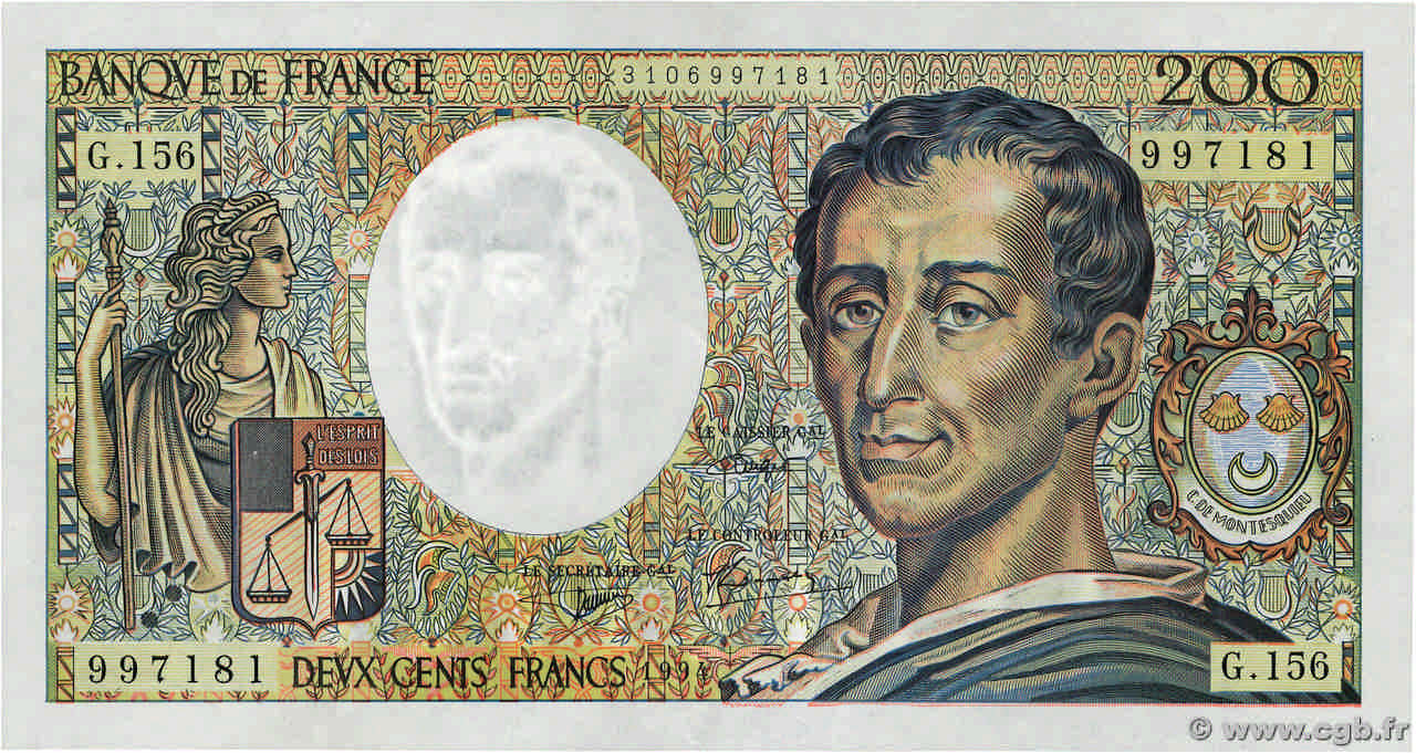 200 Francs MONTESQUIEU Modifié FRANCE  1994 F.70/2.01 pr.SUP