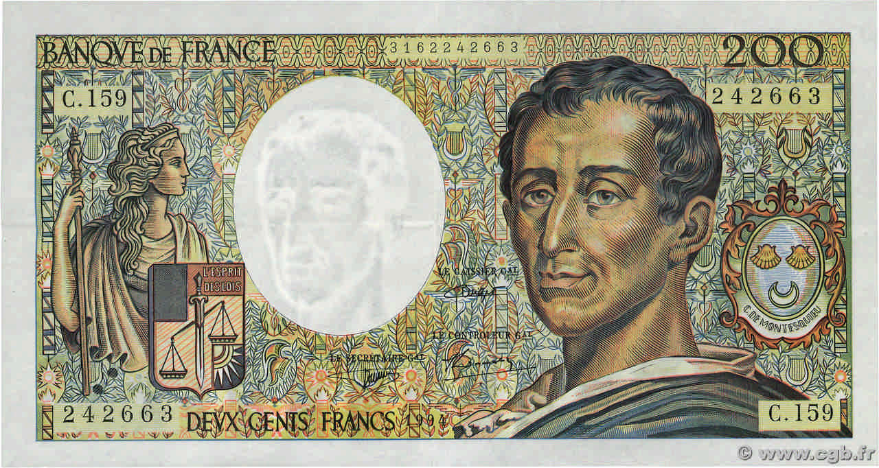 200 Francs MONTESQUIEU Modifié FRANCE  1994 F.70/2.01 TTB