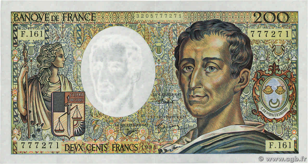 200 Francs MONTESQUIEU Modifié FRANCE  1994 F.70/2.01 TTB