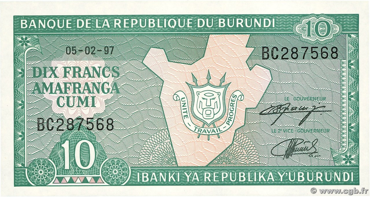 10 Francs BURUNDI  1997 P.33d NEUF