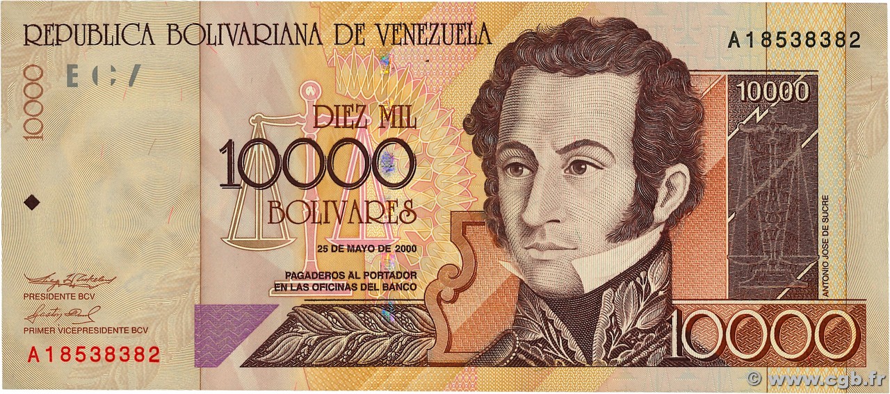 10000 Bolivares VENEZUELA  2000 P.085a TTB