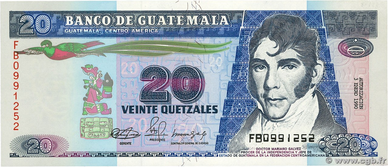 20 Quetzales GUATEMALA  1990 P.076b UNC