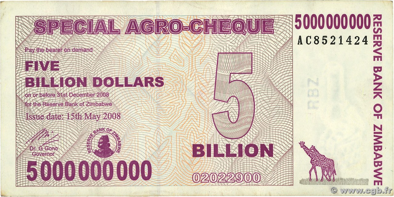 5 Billion Dollars ZIMBABWE  2008 P.61 VF