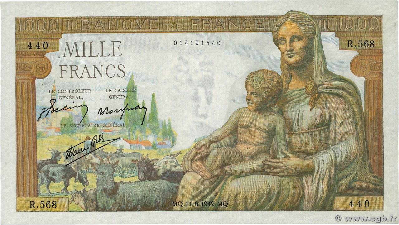 1000 Francs DÉESSE DÉMÉTER FRANCE  1942 F.40.02 SUP+