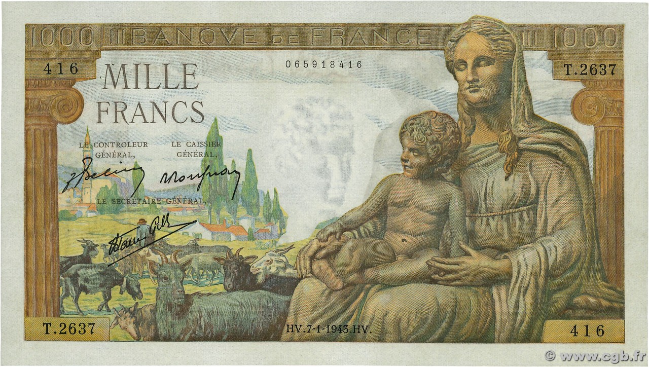 1000 Francs DÉESSE DÉMÉTER FRANCE  1943 F.40.15 SUP
