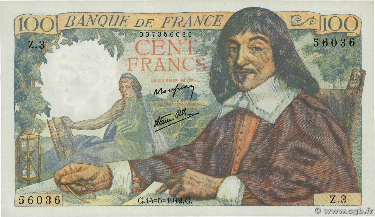 100 Francs DESCARTES FRANCE  1942 F.27.01 TTB+