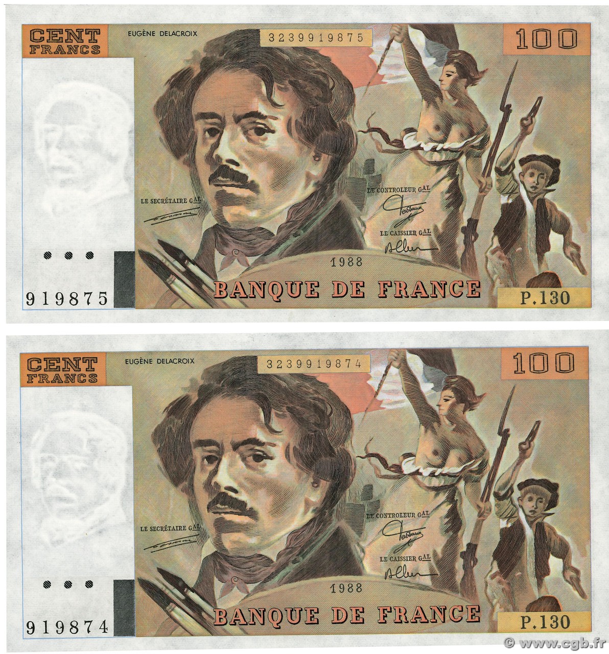 100 Francs DELACROIX modifié Consécutifs FRANCE  1988 F.69.12 SUP+