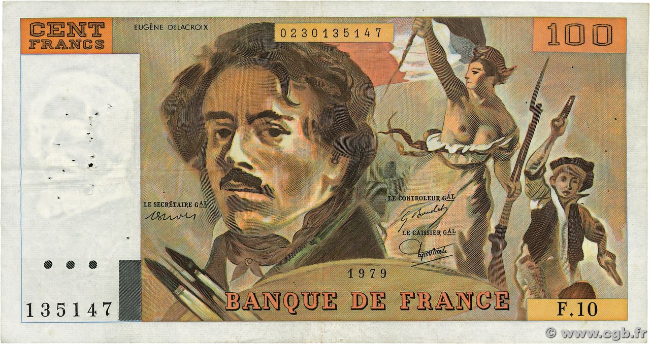100 Francs DELACROIX modifié FRANCE  1979 F.69.02a TB