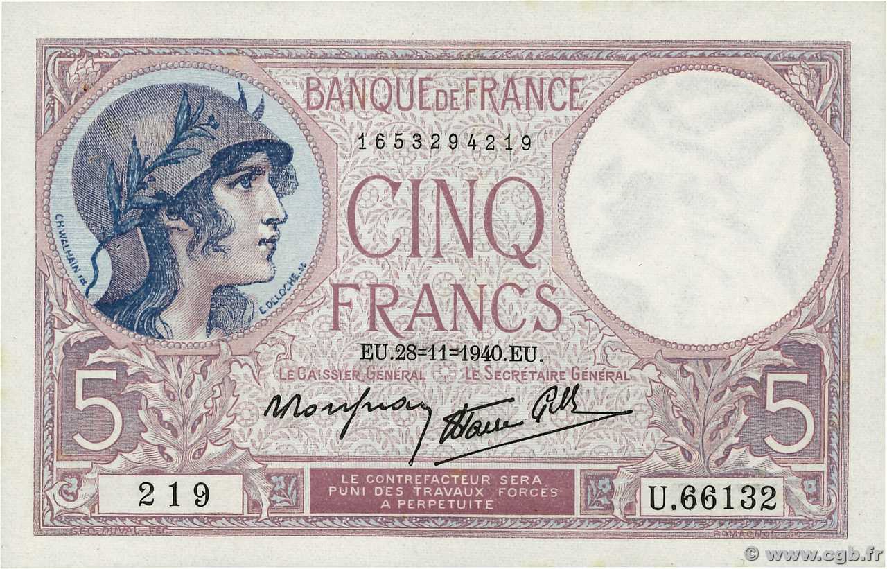 5 Francs FEMME CASQUÉE modifié FRANCE  1940 F.04.15 SUP